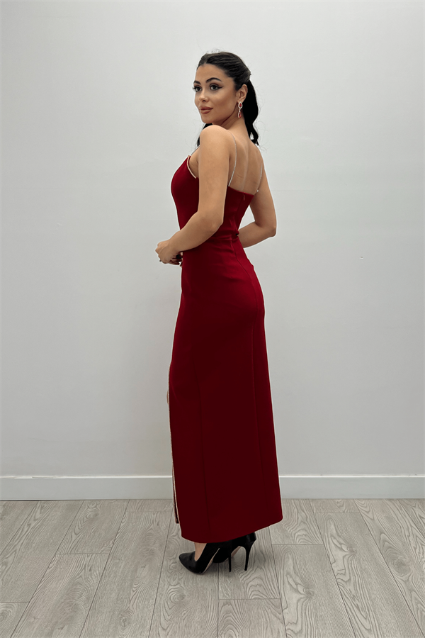 Atlas Kumaş Payet Askı Detaylı Kalem Elbise - BORDO