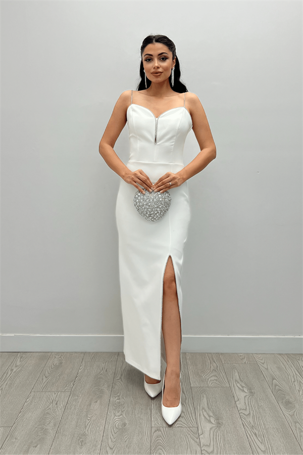 Atlas Kumaş Payet Askı Detaylı Kalem Elbise - BEYAZ