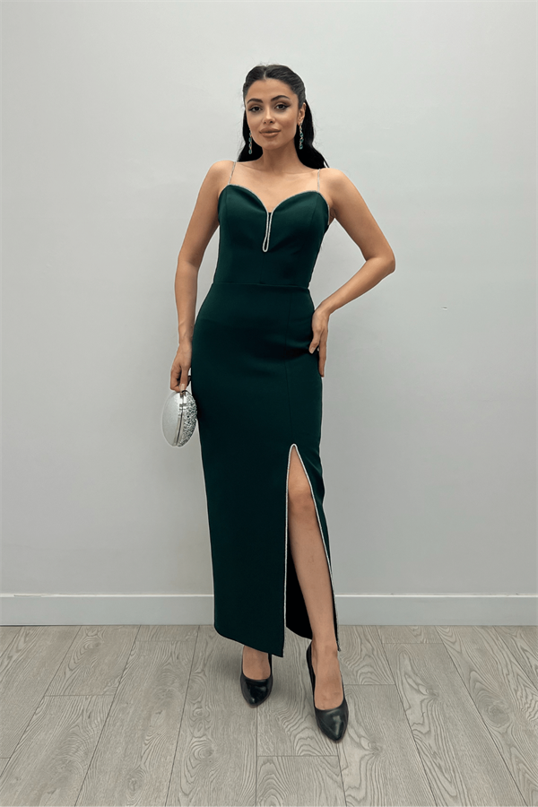 Atlas Kumaş Payet Askı Detaylı Kalem Elbise - ZÜMRÜT YEŞİL