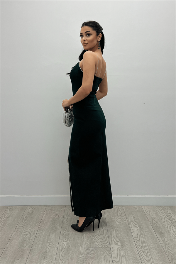 Atlas Kumaş Payet Askı Detaylı Kalem Elbise - ZÜMRÜT YEŞİL