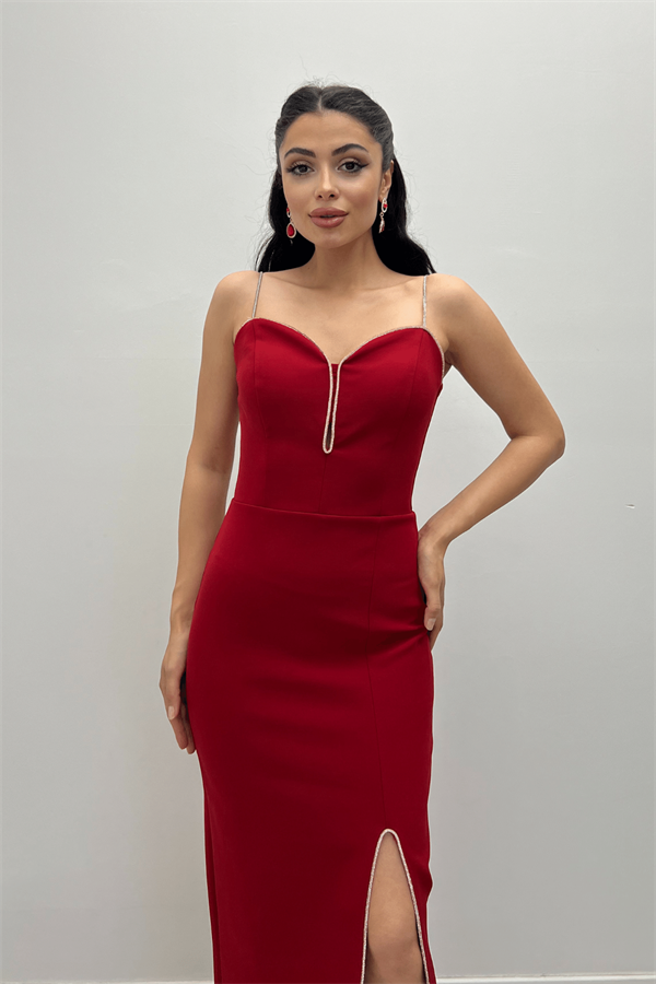 Atlas Kumaş Payet Askı Detaylı Kalem Elbise - BORDO