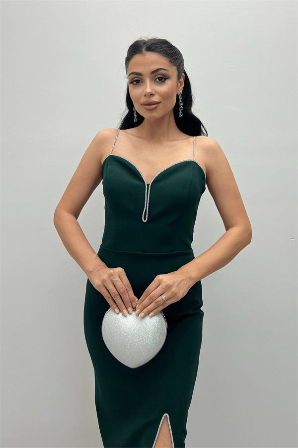 Atlas Kumaş Payet Askı Detaylı Kalem Elbise - ZÜMRÜT YEŞİL