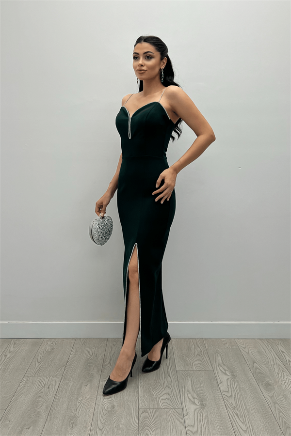 Atlas Kumaş Payet Askı Detaylı Kalem Elbise - ZÜMRÜT YEŞİL