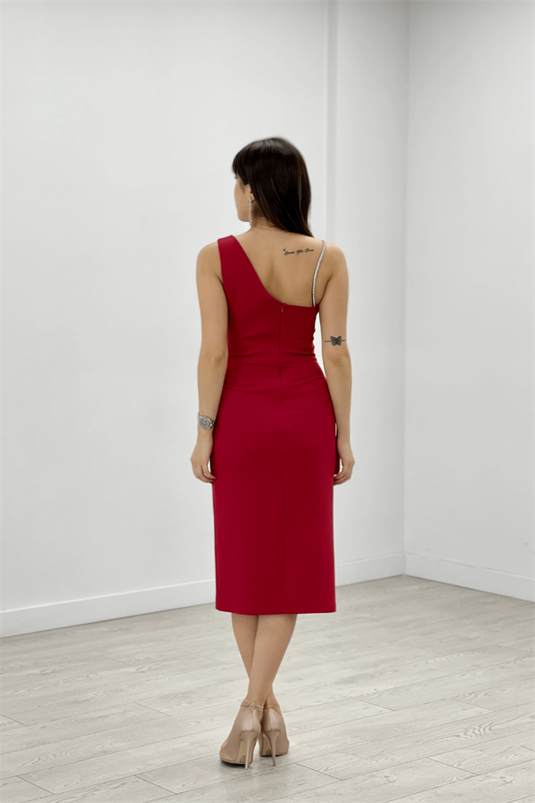 Atlas Kumaş Payet Şerit Detaylı Kalem Elbise - KIRMIZI