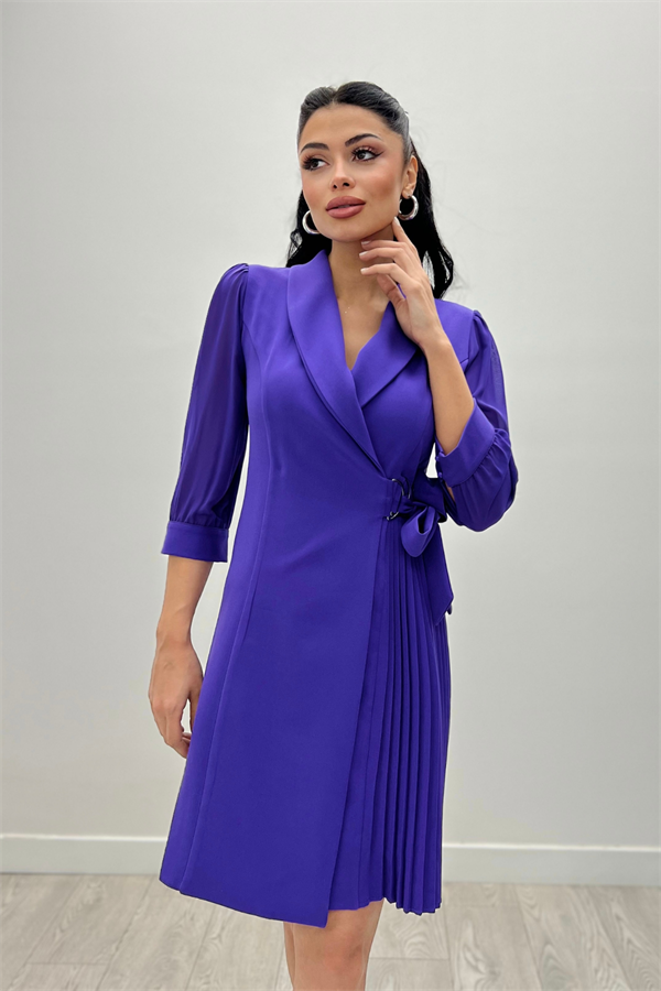 Atlas Kumaş Pliseli Ceket Elbise - MOR