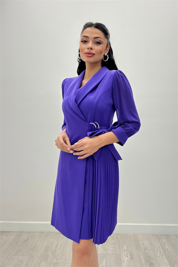 Atlas Kumaş Pliseli Ceket Elbise - MOR