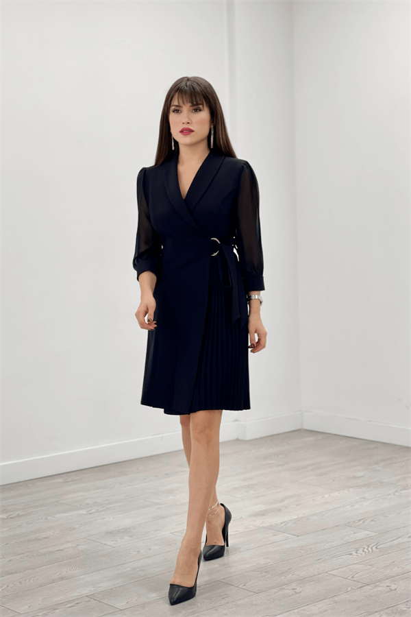 Atlas Kumaş Pliseli Ceket Elbise - SİYAH