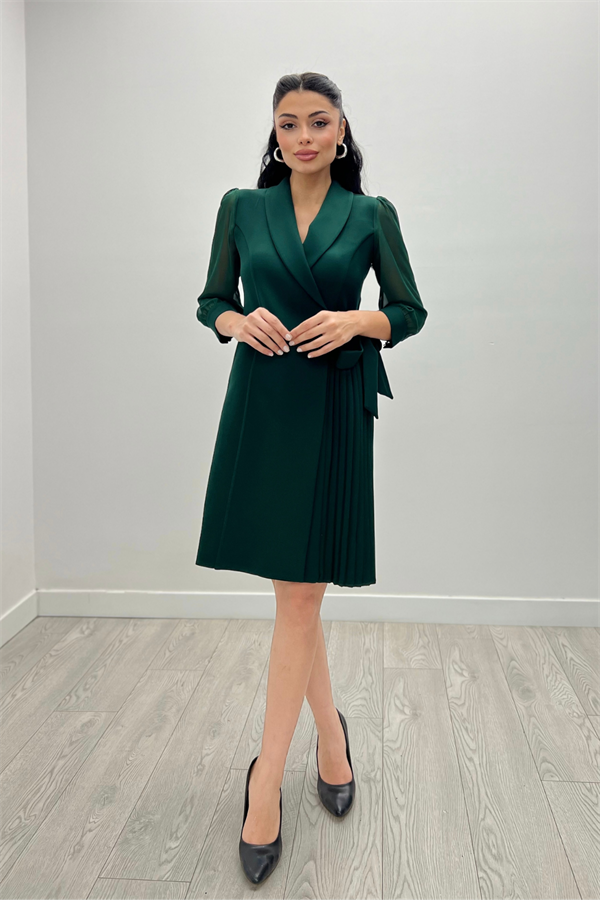 Atlas Kumaş Pliseli Ceket Elbise - ZÜMRÜT YEŞİL