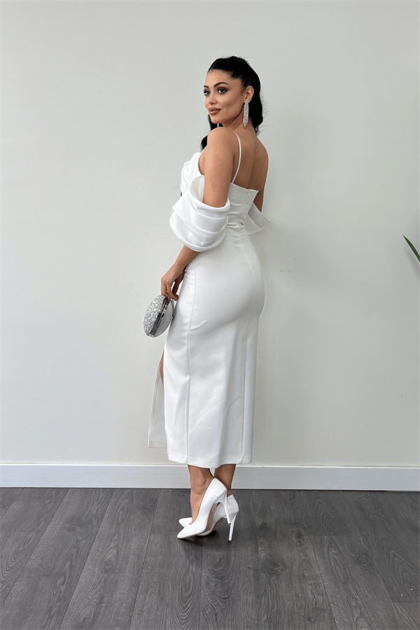 Atlas Kumaş Saten Detaylı Kalem Elbise - BEYAZ
