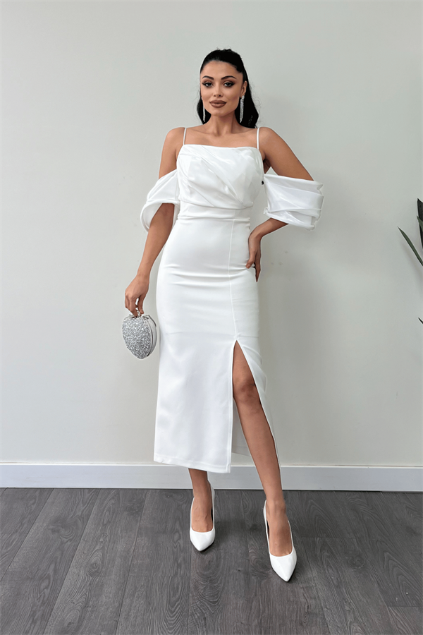Atlas Kumaş Saten Detaylı Kalem Elbise - BEYAZ