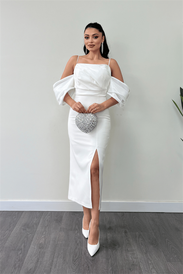 Atlas Kumaş Saten Detaylı Kalem Elbise - BEYAZ