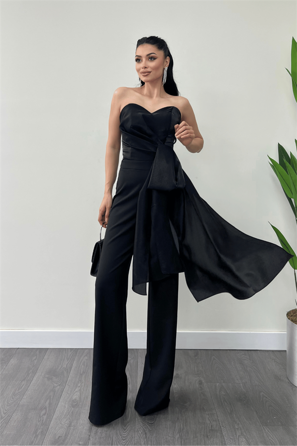 Atlas Kumaş Saten Detaylı Straplez Abiye Tulum - SİYAH