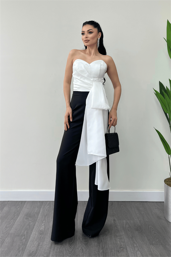 Atlas Kumaş Saten Detaylı Straplez Abiye Tulum - BEYAZ/SİYAH