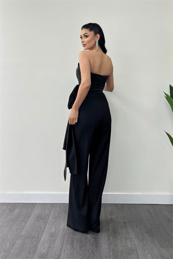 Atlas Kumaş Saten Detaylı Straplez Abiye Tulum - SİYAH