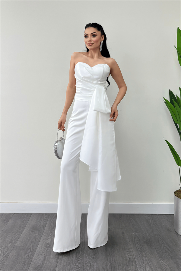 Atlas Kumaş Saten Detaylı Straplez Abiye Tulum - BEYAZ