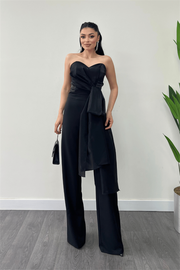 Atlas Kumaş Saten Detaylı Straplez Abiye Tulum - SİYAH