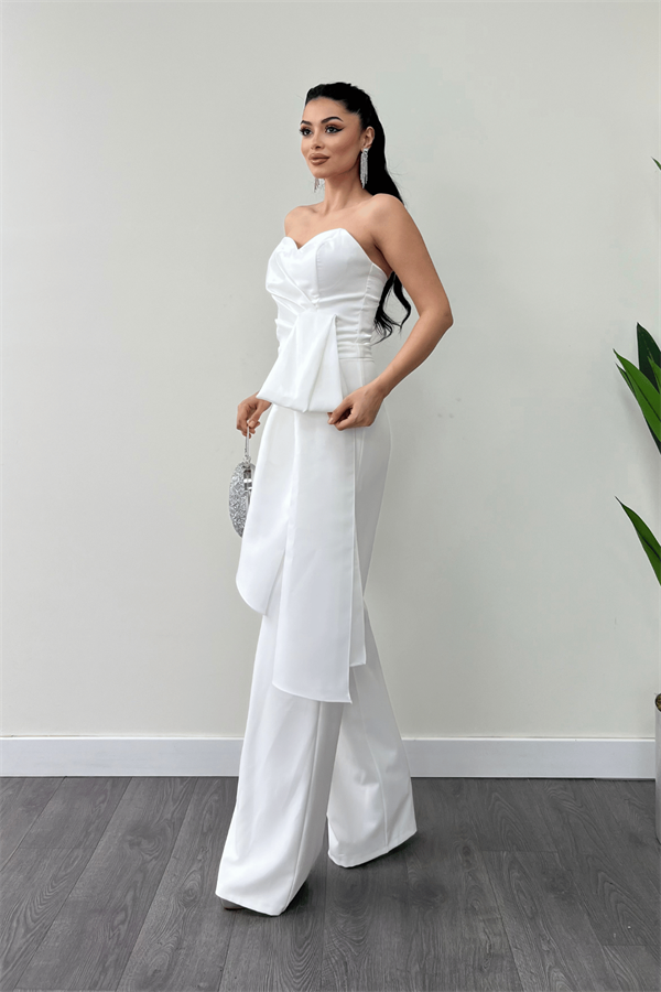 Atlas Kumaş Saten Detaylı Straplez Abiye Tulum - BEYAZ