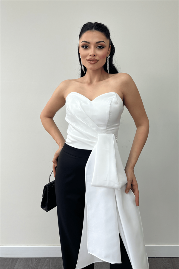 Atlas Kumaş Saten Detaylı Straplez Abiye Tulum - BEYAZ/SİYAH