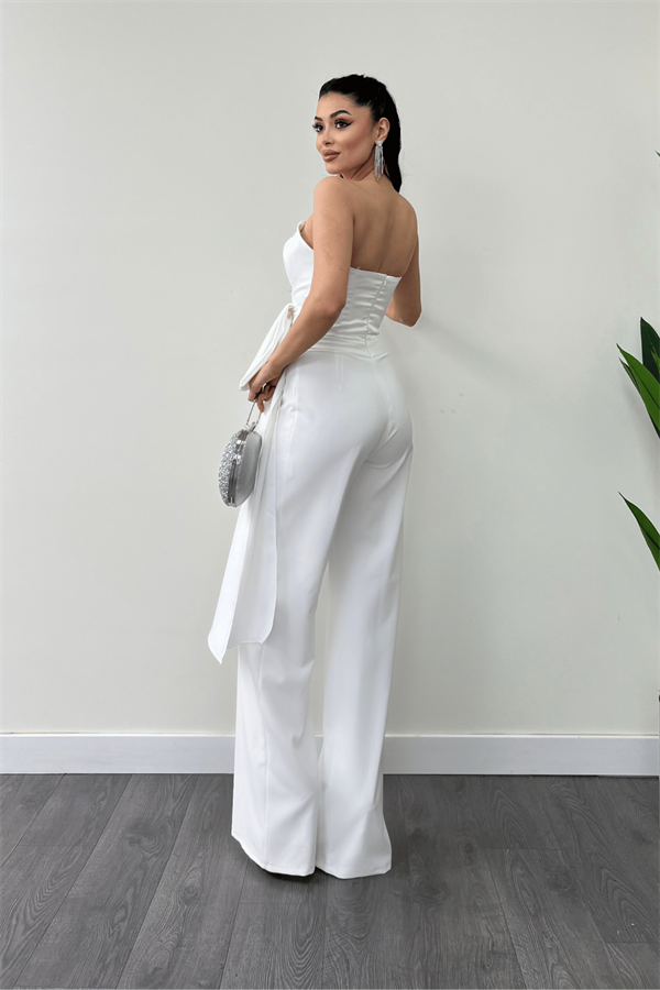 Atlas Kumaş Saten Detaylı Straplez Abiye Tulum - BEYAZ