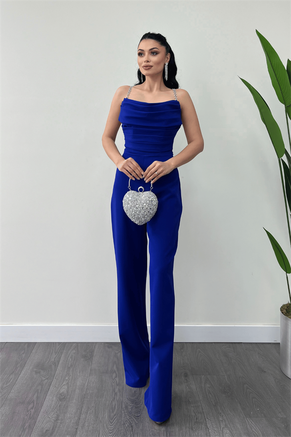 Atlas Kumaş Sırt Detaylı Tulum - SAKS MAVİ