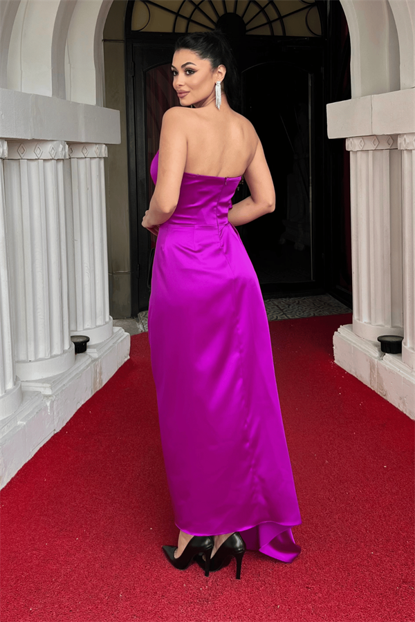 Atlas Kumaş Straplez Abiye Elbise - FUŞYA