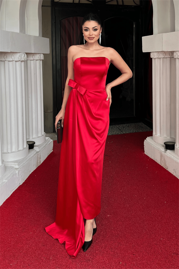 Atlas Kumaş Straplez Abiye Elbise - KIRMIZI