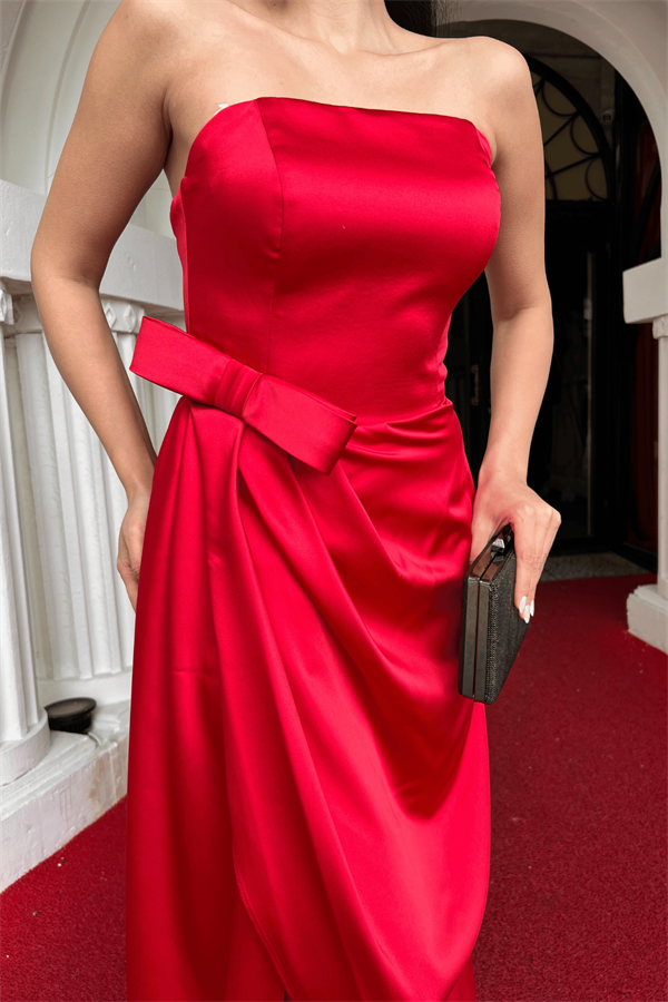 Atlas Kumaş Straplez Abiye Elbise - KIRMIZI
