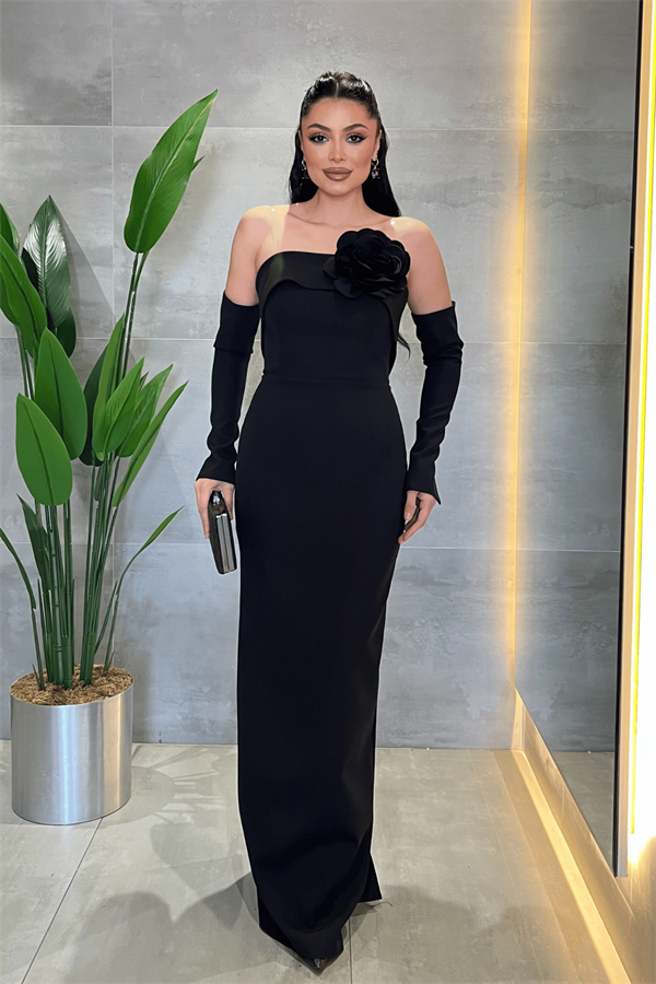 Atlas Kumaş Straplez Eldiven Detaylı Elbise - SİYAH