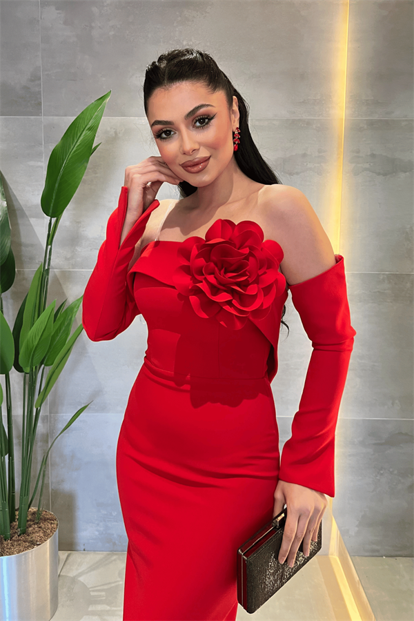 Atlas Kumaş Straplez Eldiven Detaylı Elbise - KIRMIZI