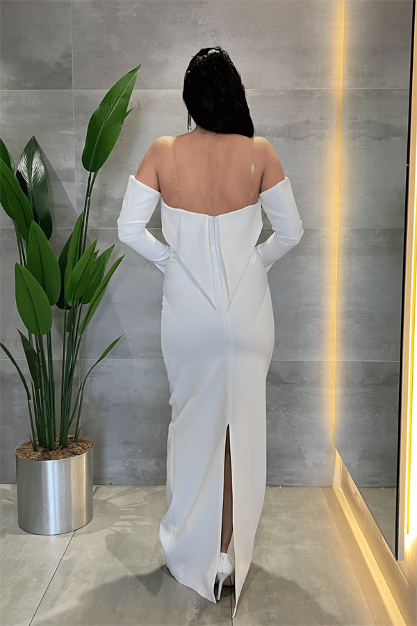 Atlas Kumaş Straplez Eldiven Detaylı Elbise - BEYAZ