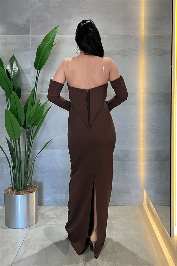 Atlas Kumaş Straplez Eldiven Detaylı Elbise - KAHVERENGİ