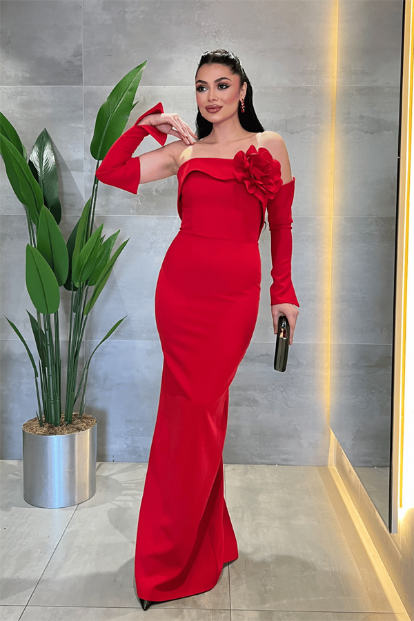 Atlas Kumaş Straplez Eldiven Detaylı Elbise - KIRMIZI