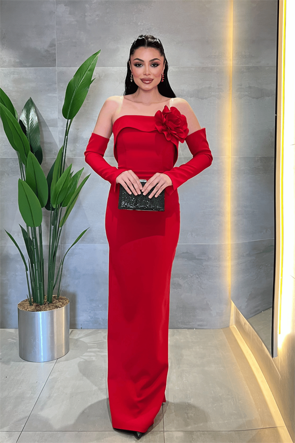 Atlas Kumaş Straplez Eldiven Detaylı Elbise - KIRMIZI