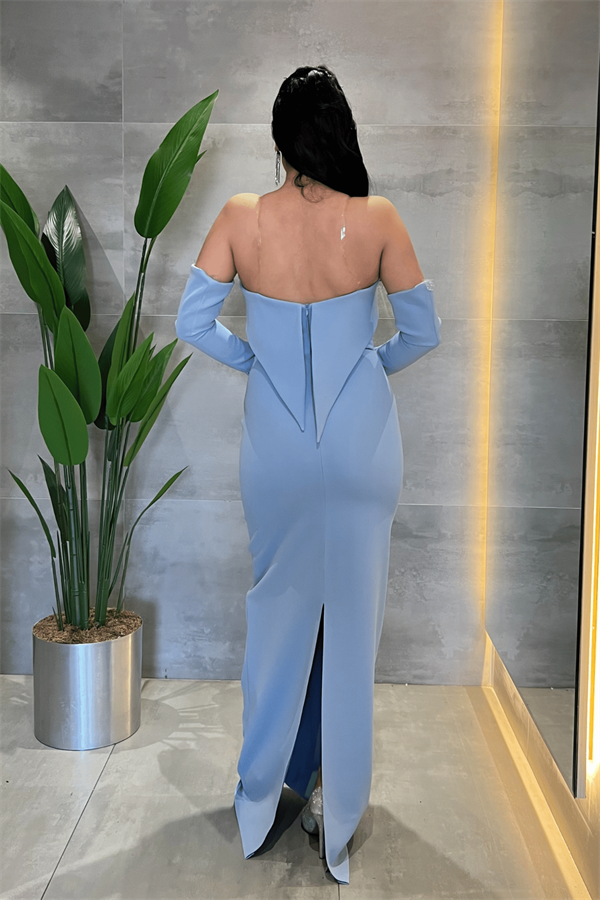 Atlas Kumaş Straplez Eldiven Detaylı Elbise - BEBE MAVİSİ