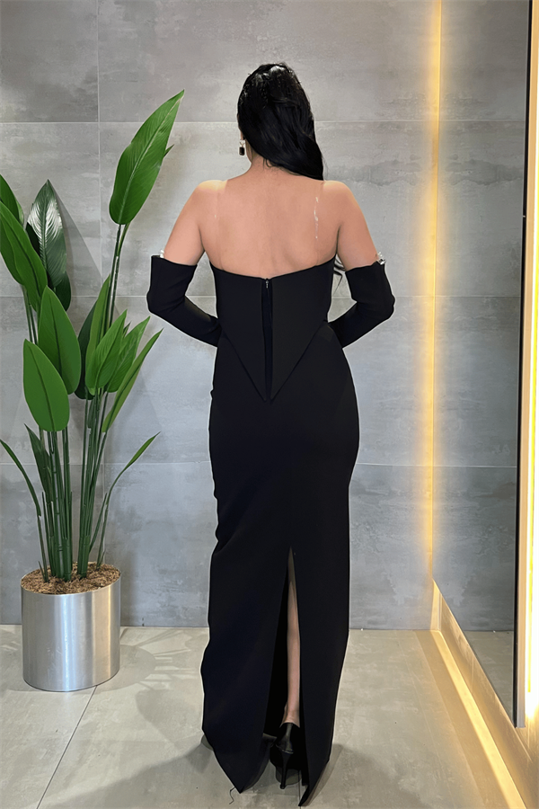 Atlas Kumaş Straplez Eldiven Detaylı Elbise - SİYAH