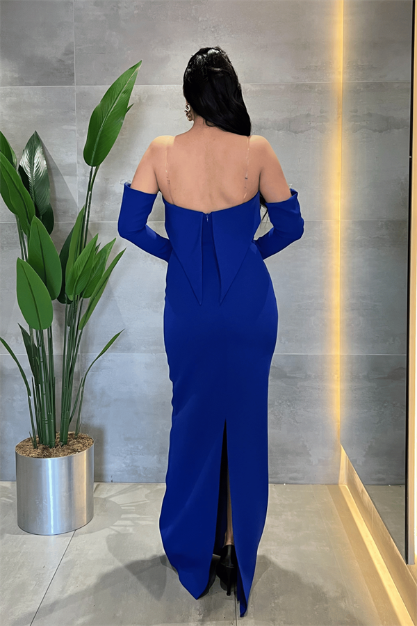 Atlas Kumaş Straplez Eldiven Detaylı Elbise - SAKS MAVİ