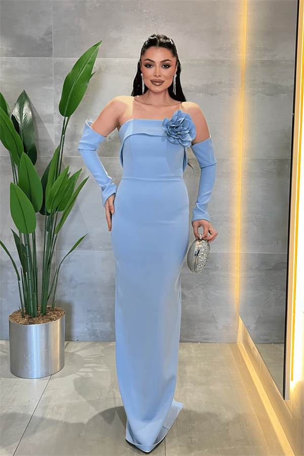 Atlas Kumaş Straplez Eldiven Detaylı Elbise - BEBE MAVİSİ