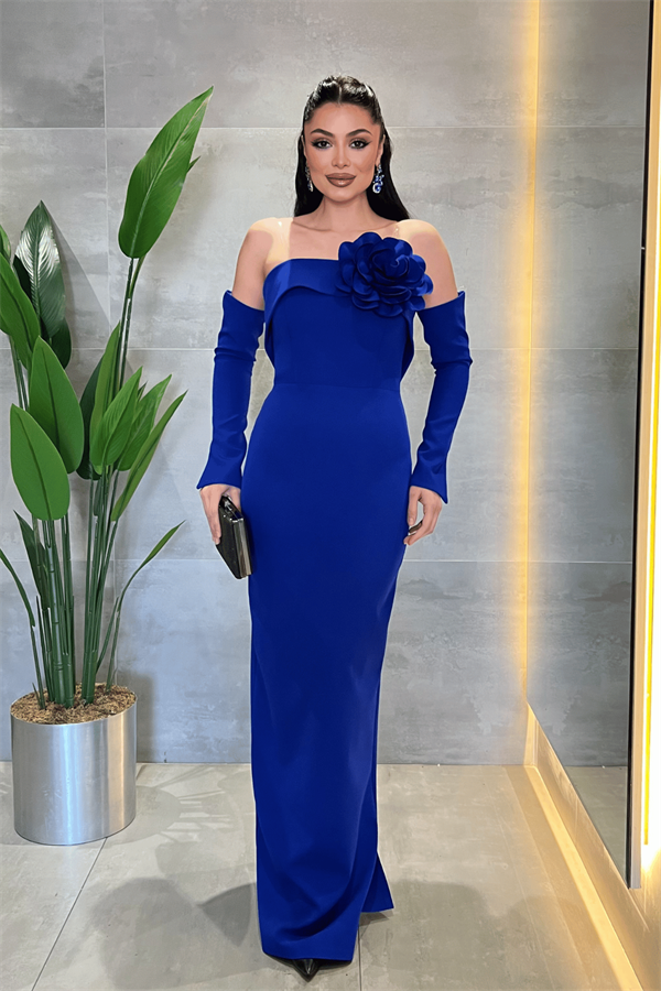 Atlas Kumaş Straplez Eldiven Detaylı Elbise - SAKS MAVİ