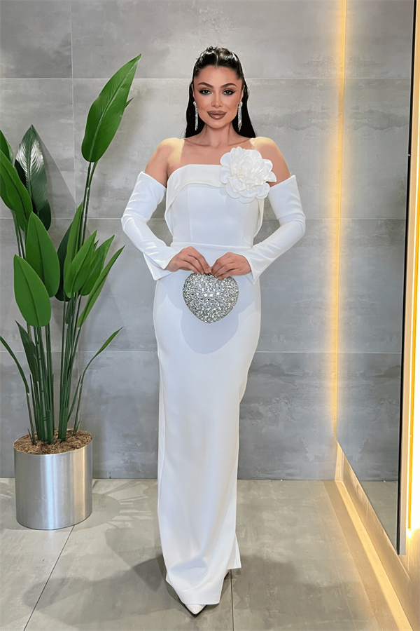 Atlas Kumaş Straplez Eldiven Detaylı Elbise - BEYAZ