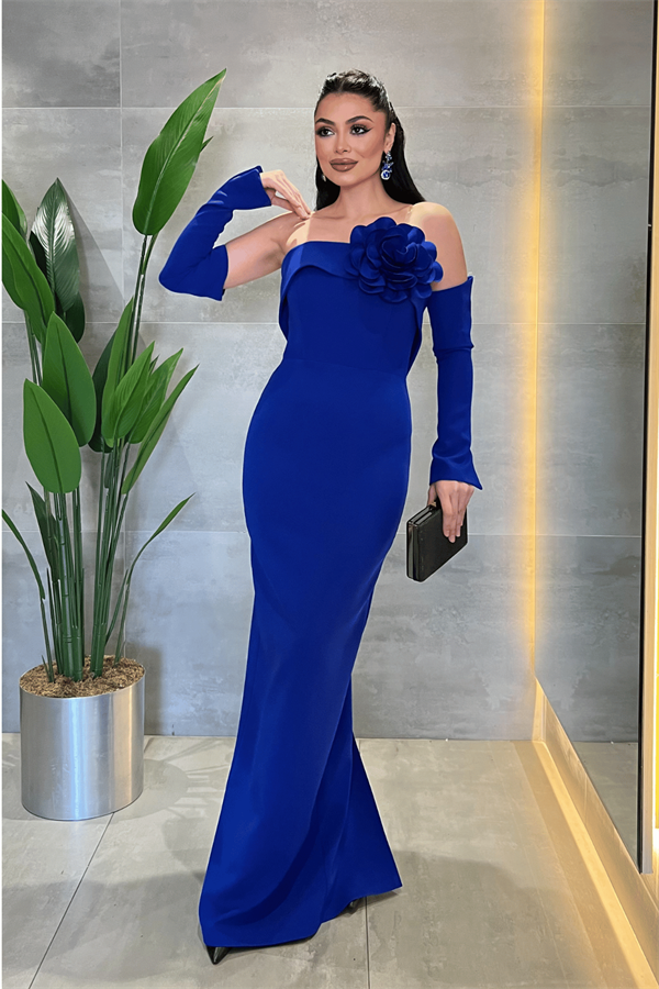 Atlas Kumaş Straplez Eldiven Detaylı Elbise - SAKS MAVİ