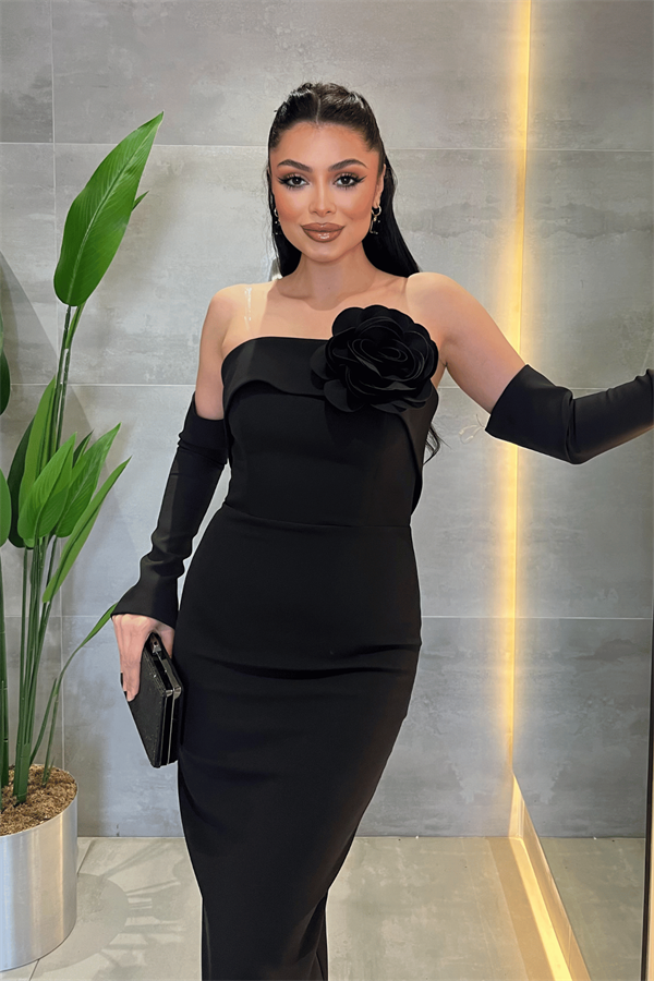 Atlas Kumaş Straplez Eldiven Detaylı Elbise - SİYAH