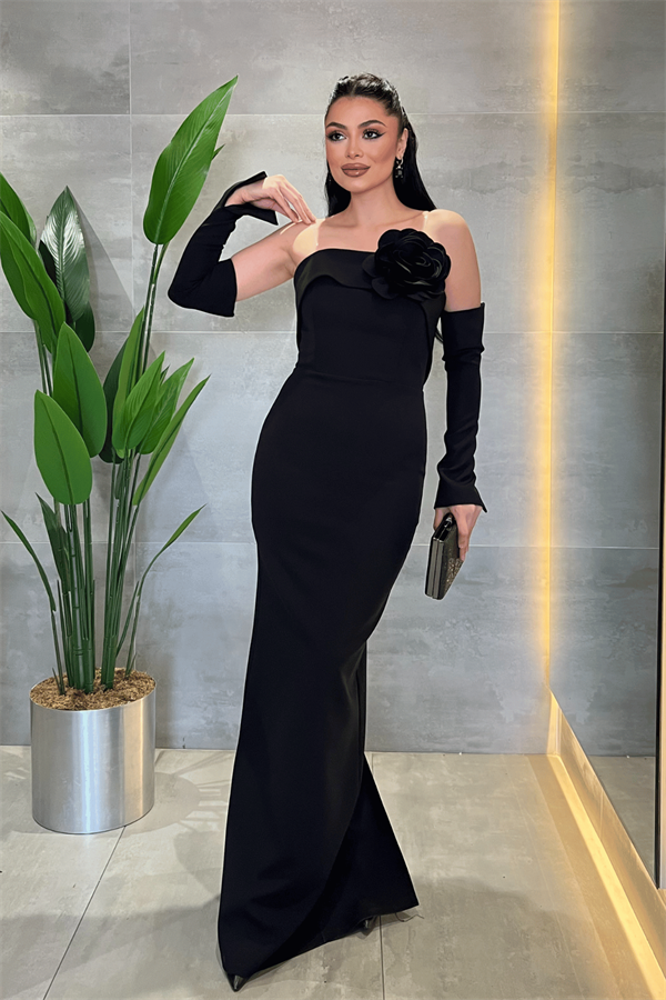 Atlas Kumaş Straplez Eldiven Detaylı Elbise - SİYAH