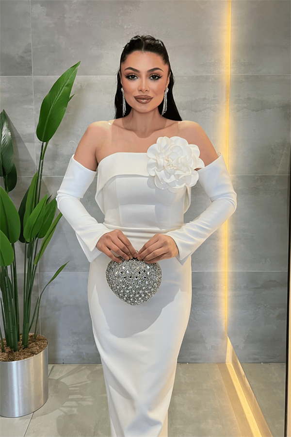 Atlas Kumaş Straplez Eldiven Detaylı Elbise - BEYAZ