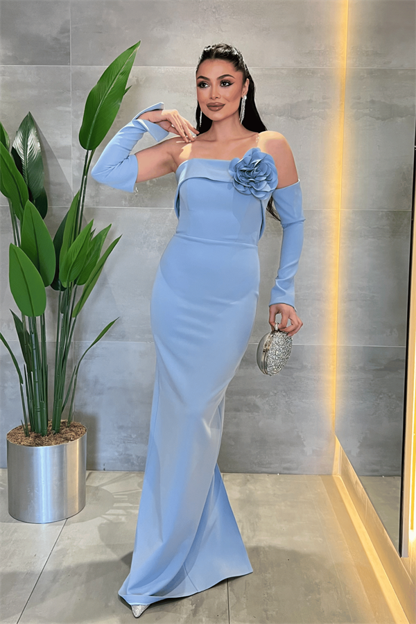 Atlas Kumaş Straplez Eldiven Detaylı Elbise - BEBE MAVİSİ