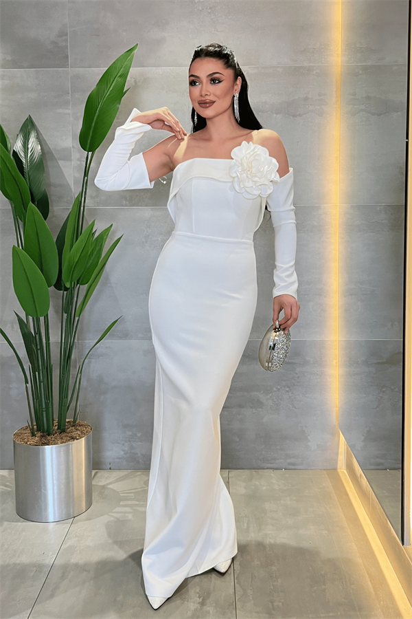 Atlas Kumaş Straplez Eldiven Detaylı Elbise - BEYAZ