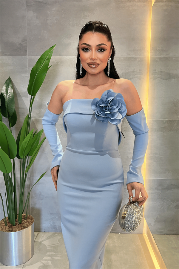 Atlas Kumaş Straplez Eldiven Detaylı Elbise - BEBE MAVİSİ