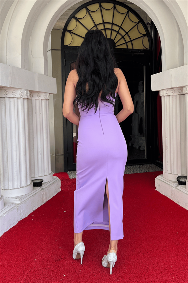 Atlas Kumaş Straplez Fiyonklu Kalem Elbise - LİLA