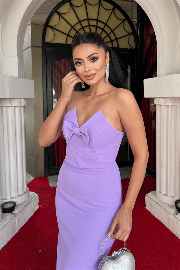 Atlas Kumaş Straplez Fiyonklu Kalem Elbise - LİLA