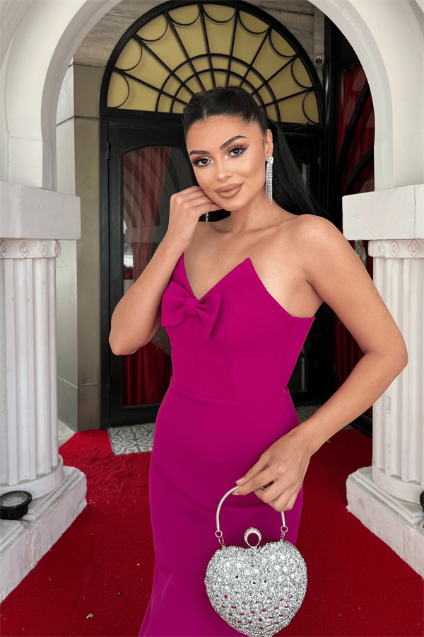 Atlas Kumaş Straplez Fiyonklu Kalem Elbise - FUŞYA