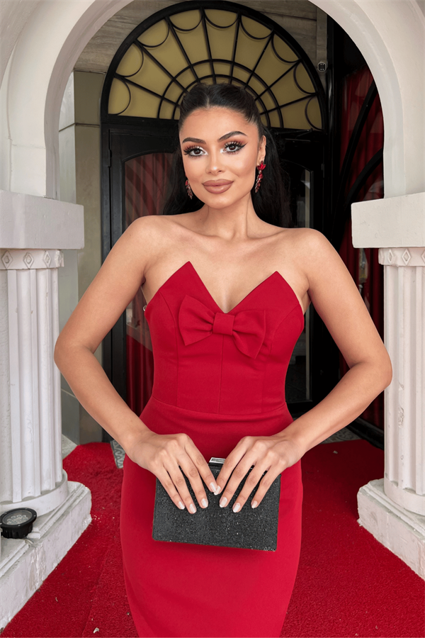 Atlas Kumaş Straplez Fiyonklu Kalem Elbise - BORDO